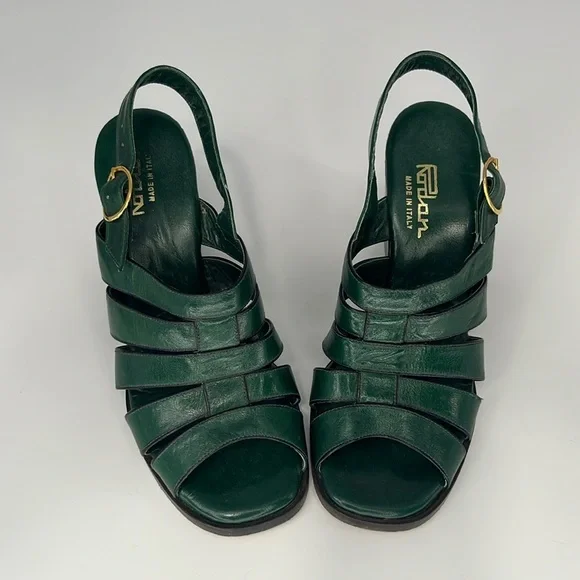 Vintage 70s Rodan Stacked Wedge Sandals in Green Leather Size 5 1/2 - Picture 4 of 13